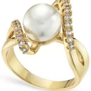 Charter Club Pave & Imitation Pearl Bypass Ring in Gold-Tone Size 5
